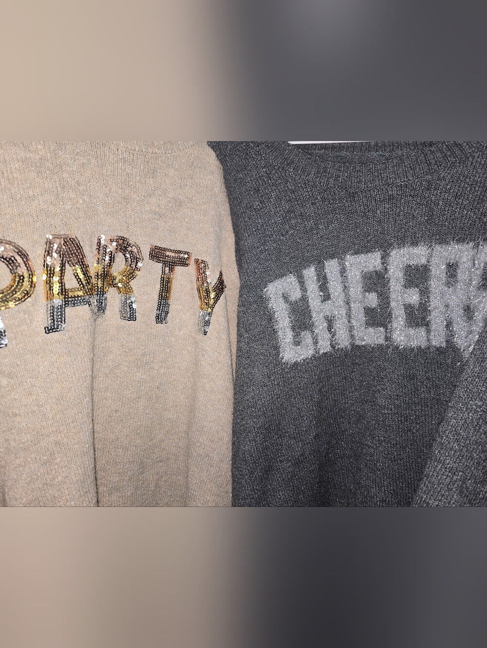 Terra & Sky Beige Sequin Letter Crewneck Sweater with Gray Knit Crewneck
